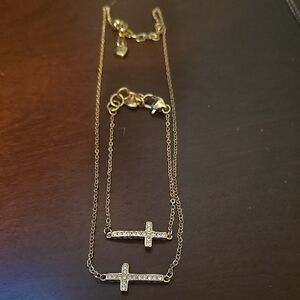 Elegant Gold Cross Necklace and Bracelet Set.
